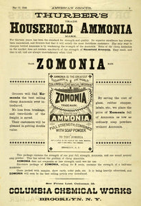 1889 Ad Thurber Ammonia Zomonia Columbia Chemical Soap - ORIGINAL GROC2