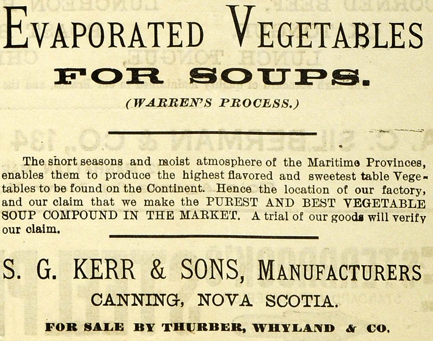 1889 Ad Kerr Sons Evaporated Vegetable Soup Food Dinner - ORIGINAL GROC2