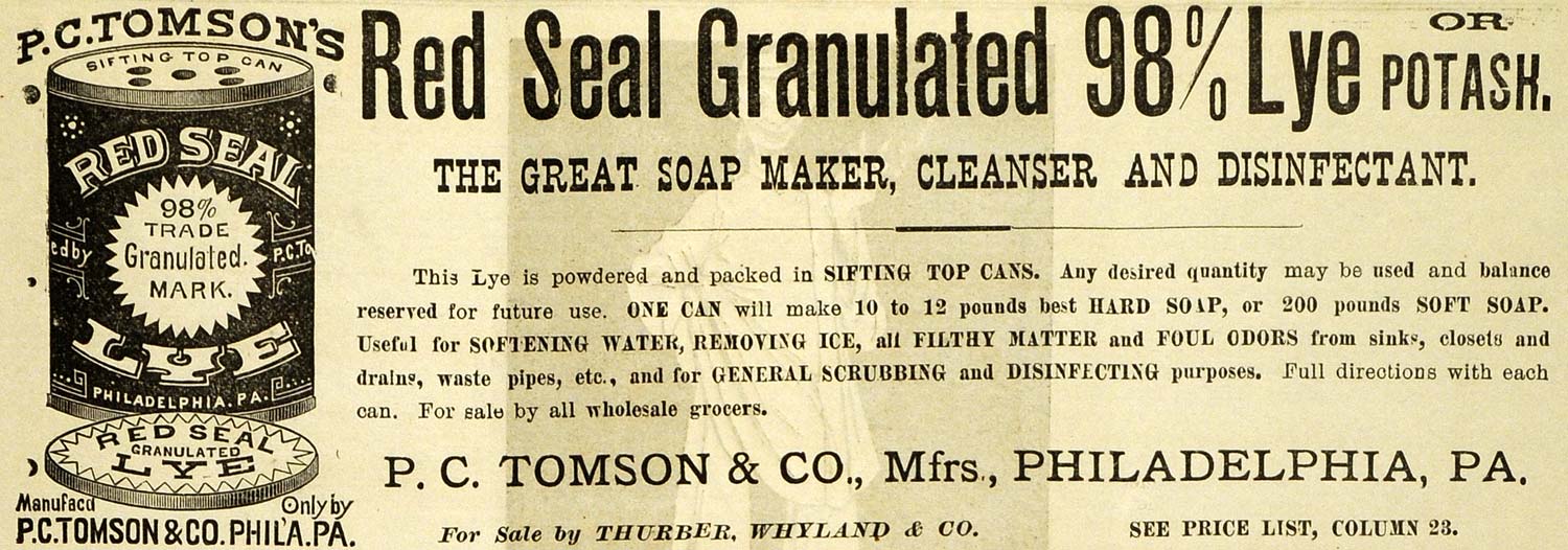 1889 Ad Red Seal Lye Tomson Philadelphia Potash Soap - ORIGINAL GROC2