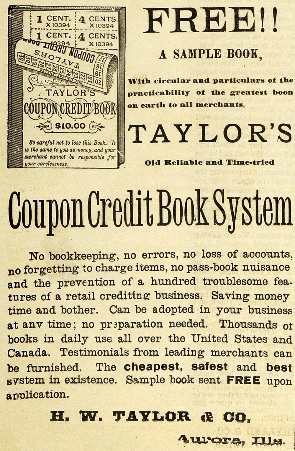 1889 Ad H W Taylor Aurora Illinois Coupon Credit Book - ORIGINAL GROC2