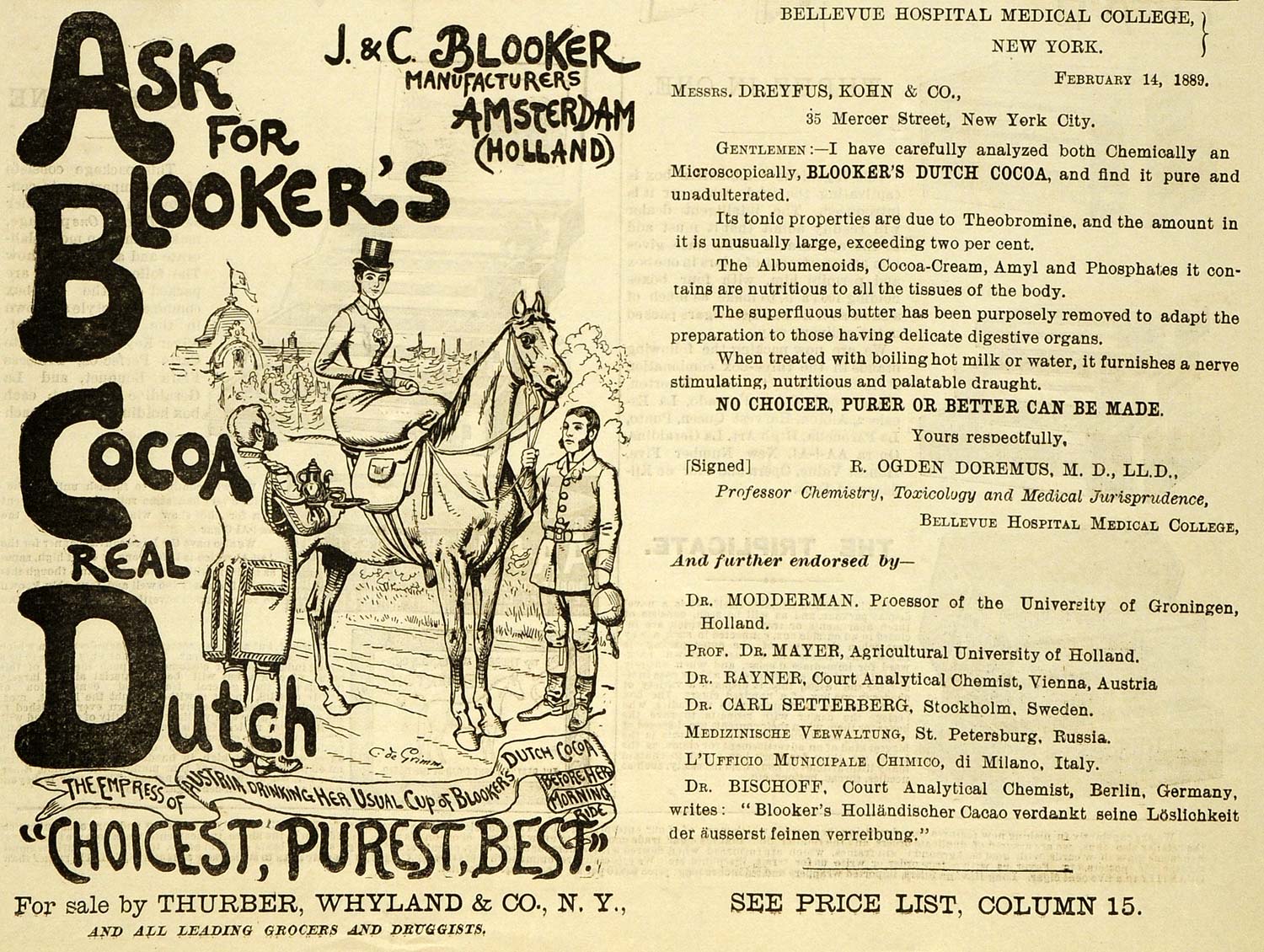 1889 Ad Blooker's Cocoa Dutch Amsterdam Bellevue Candy - ORIGINAL GROC2
