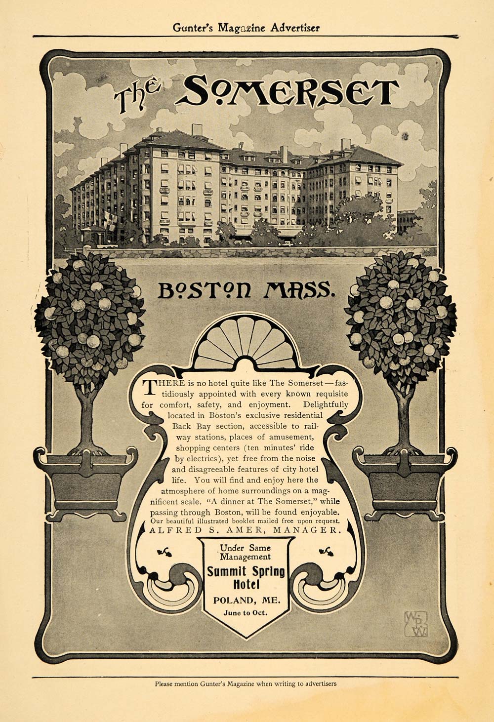 1905 Ad Somerset Hotel Luxury Lodging Massachusetts - ORIGINAL ADVERTISING GUN1
