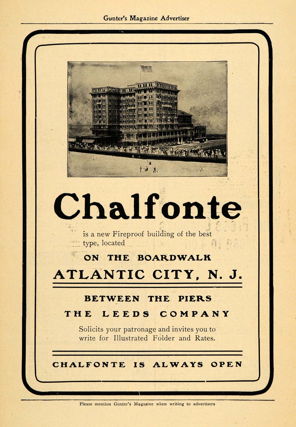 1907 Ad Chalfonte Hotel Luxury Lodging Atlantic City NJ - ORIGINAL GUN1
