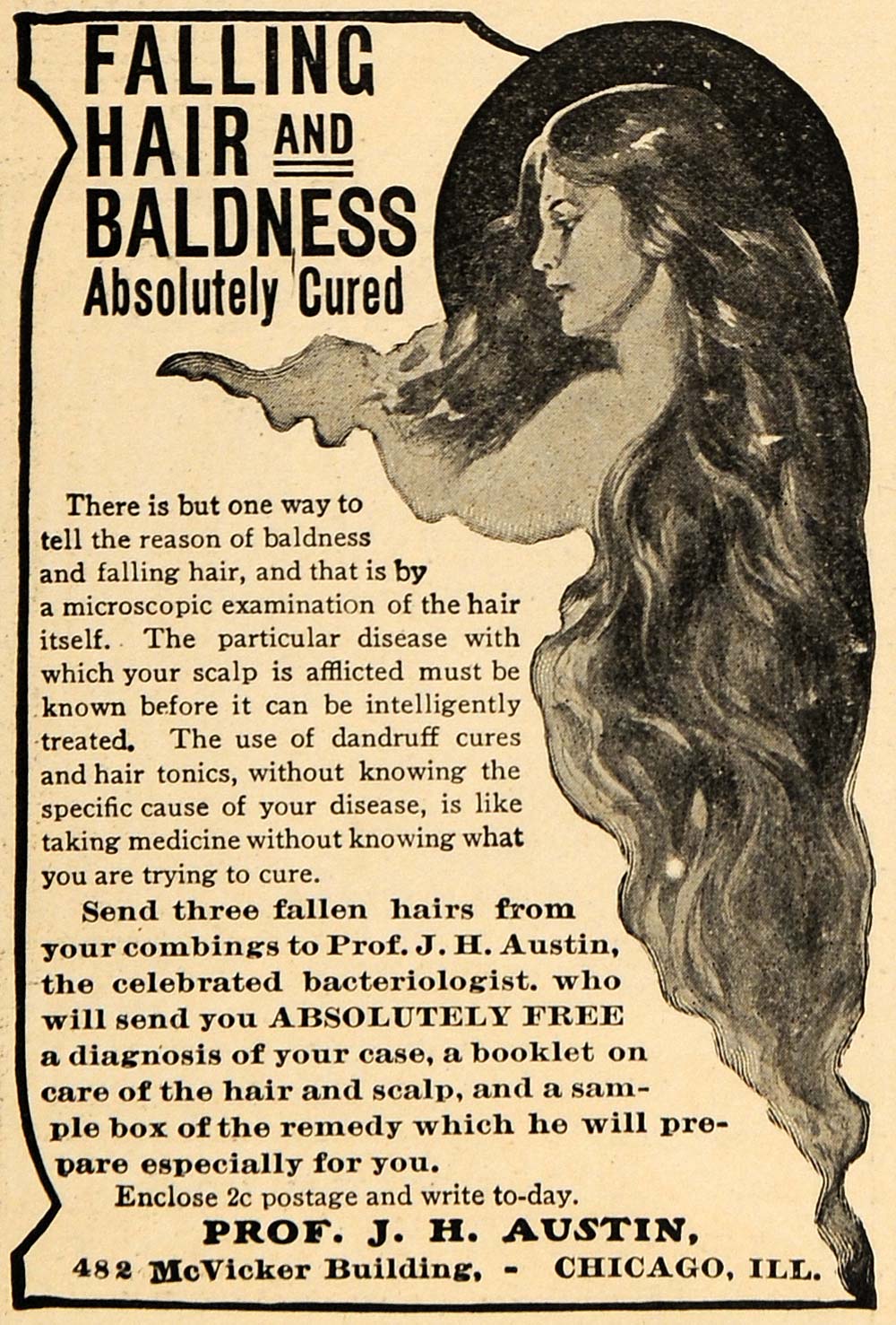 1905 Ad Prof. J H Austin Hair & Baldness Treatment - ORIGINAL ADVERTISING GUN1