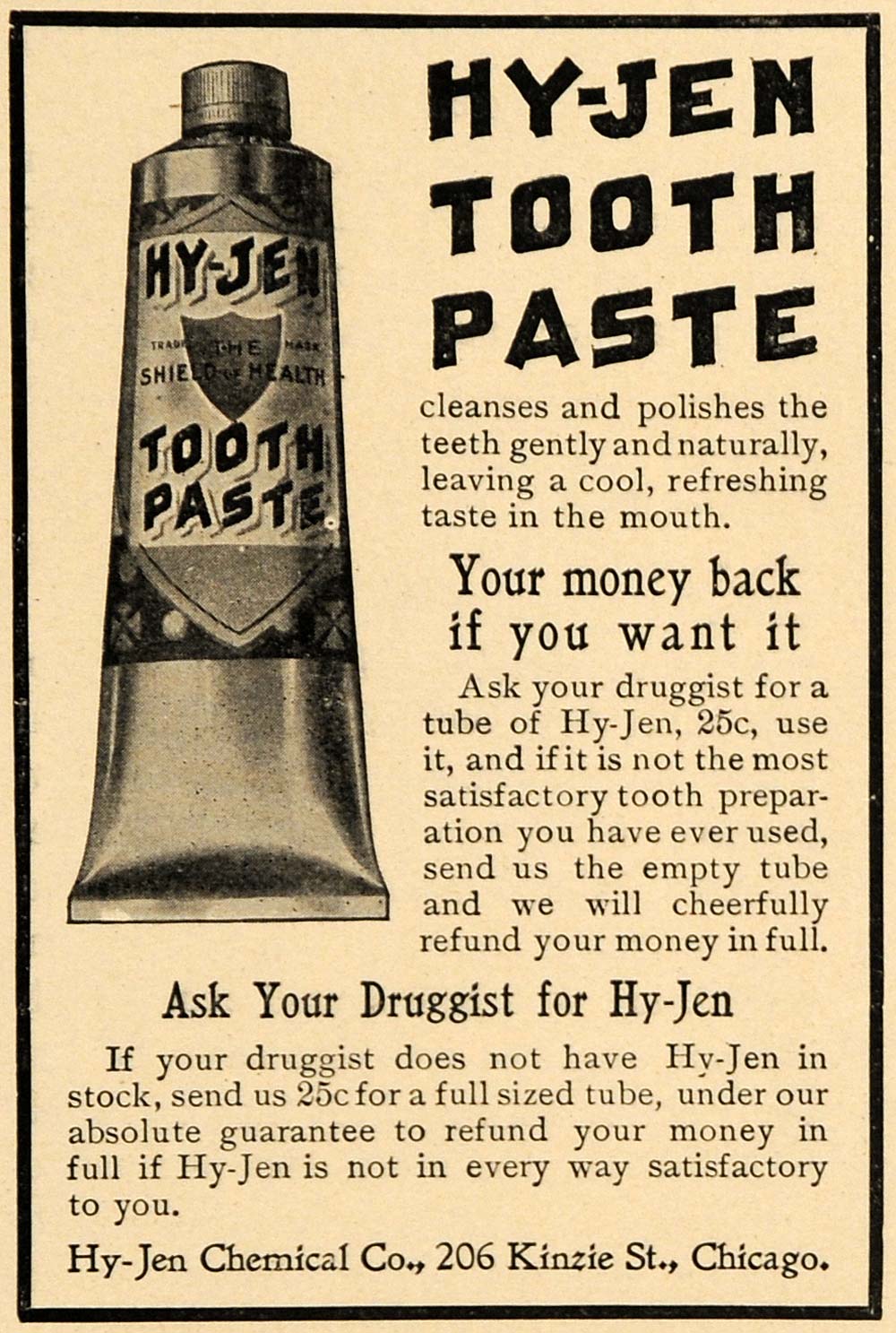 1906 Ad Hy-Jen Chemical Co. Toothpaste Dental Care - ORIGINAL ADVERTISING GUN1