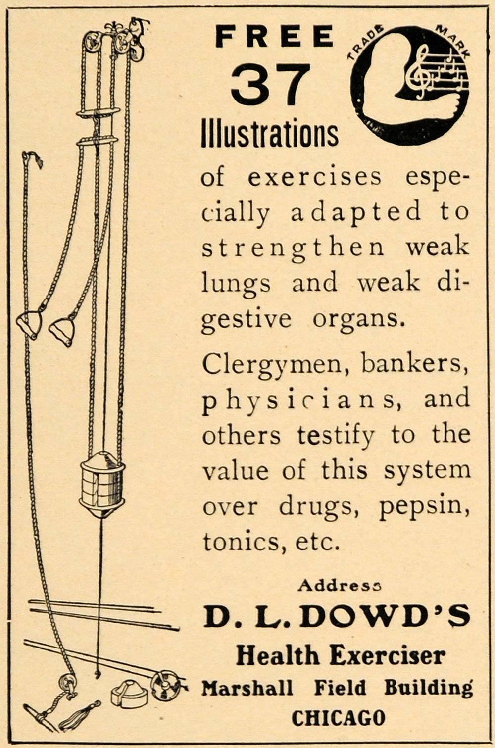 1905 Ad D L Dowd's Health Exerciser Machine Chicago - ORIGINAL ADVERTISING GUN1