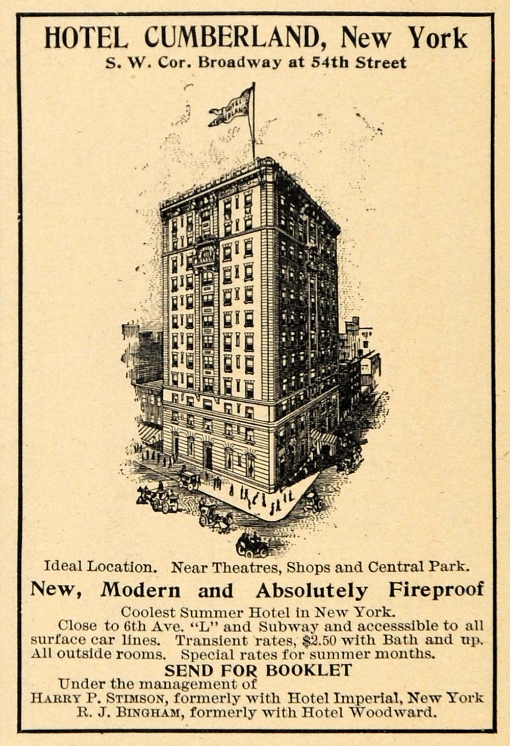 1907 Ad Hotel Cumberland Luxury Lodging Vacation NY - ORIGINAL ADVERTISING GUN1