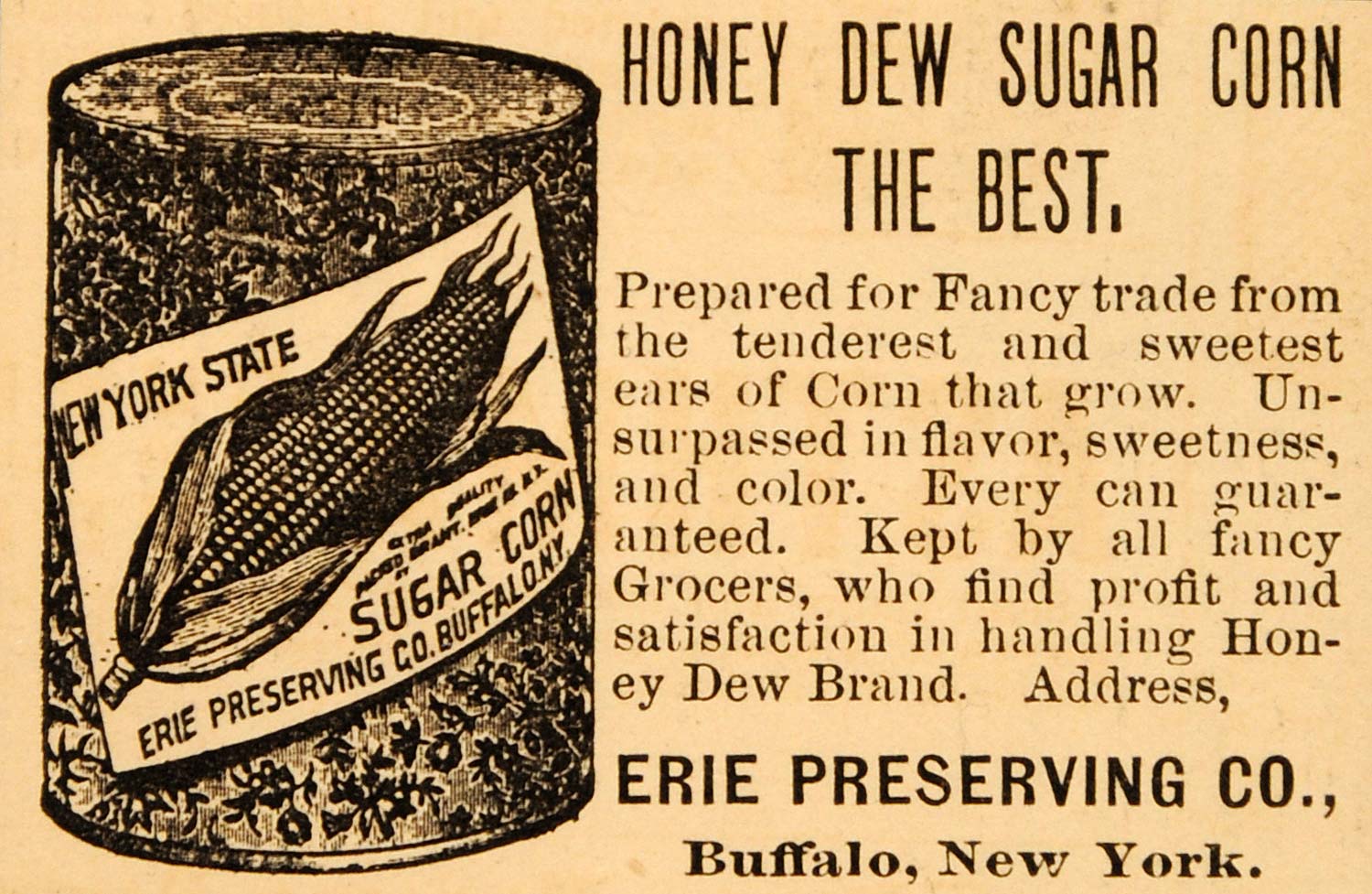 1890 Ad Honey Dew Sugar Corn Erie Preserving Buffalo NY - ORIGINAL HB1