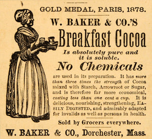 1890 Ad W. Baker's Breakfast Cocoa No Chemicals Mass - ORIGINAL ADVERTISING HB1