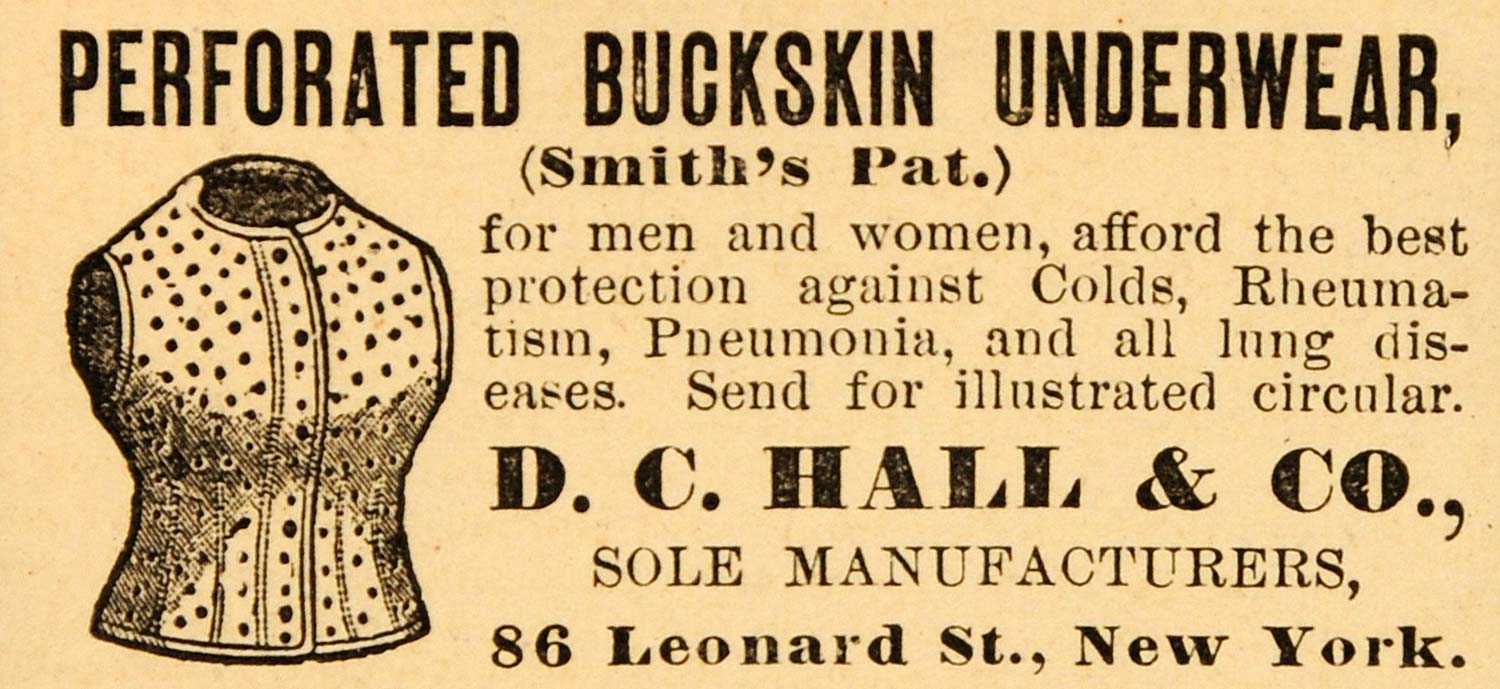 1890 Ad D.C. Hall Perforated Buckskin Underwear NY - ORIGINAL ADVERTISING HB1