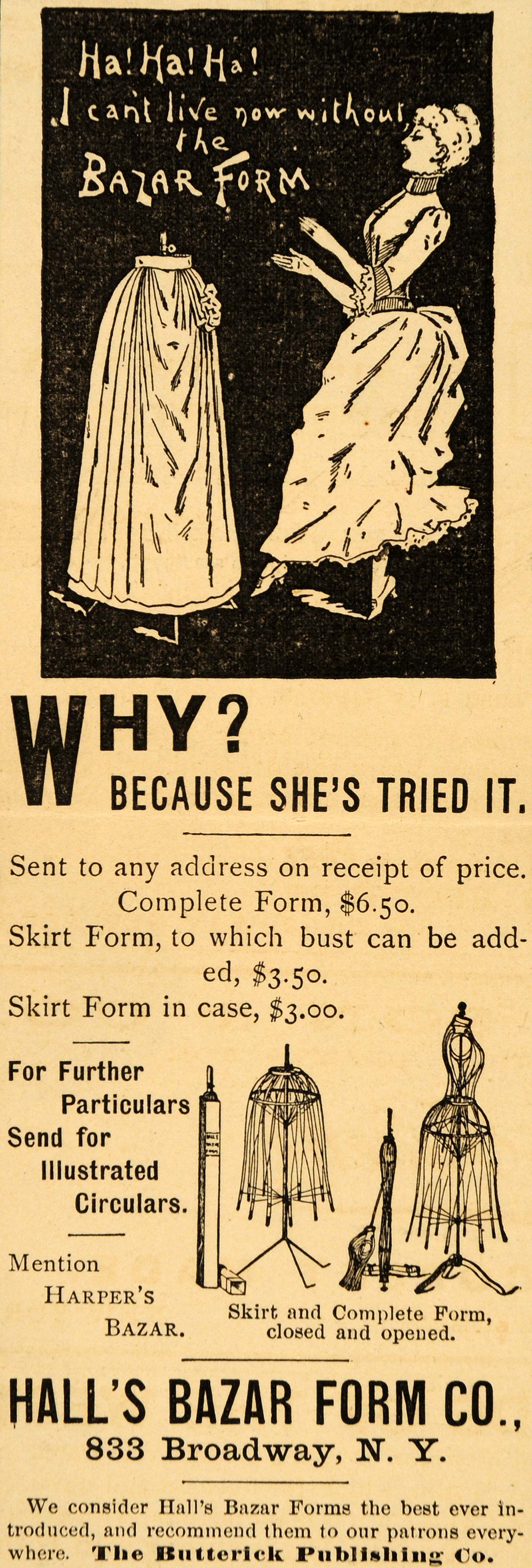 1890 Ad Hall's Bazar Skirt Form Dress-Making Butterick - ORIGINAL HB1