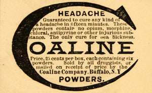 1890 Ad Coaline Powder Headache Seasick No Opium NY - ORIGINAL ADVERTISING HB1