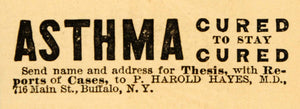 1890 Ad P. Harold Hayes Asthma Cure 716 Main St Buffalo - ORIGINAL HB1