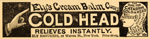 1890 Ad Ely's Cream Balm Cures Head Cold Catarrh NY - ORIGINAL ADVERTISING HB1