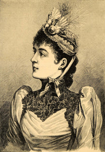 1890 Print Woman in Decorated Visiting Concert Bonnet - ORIGINAL HISTORIC HB1