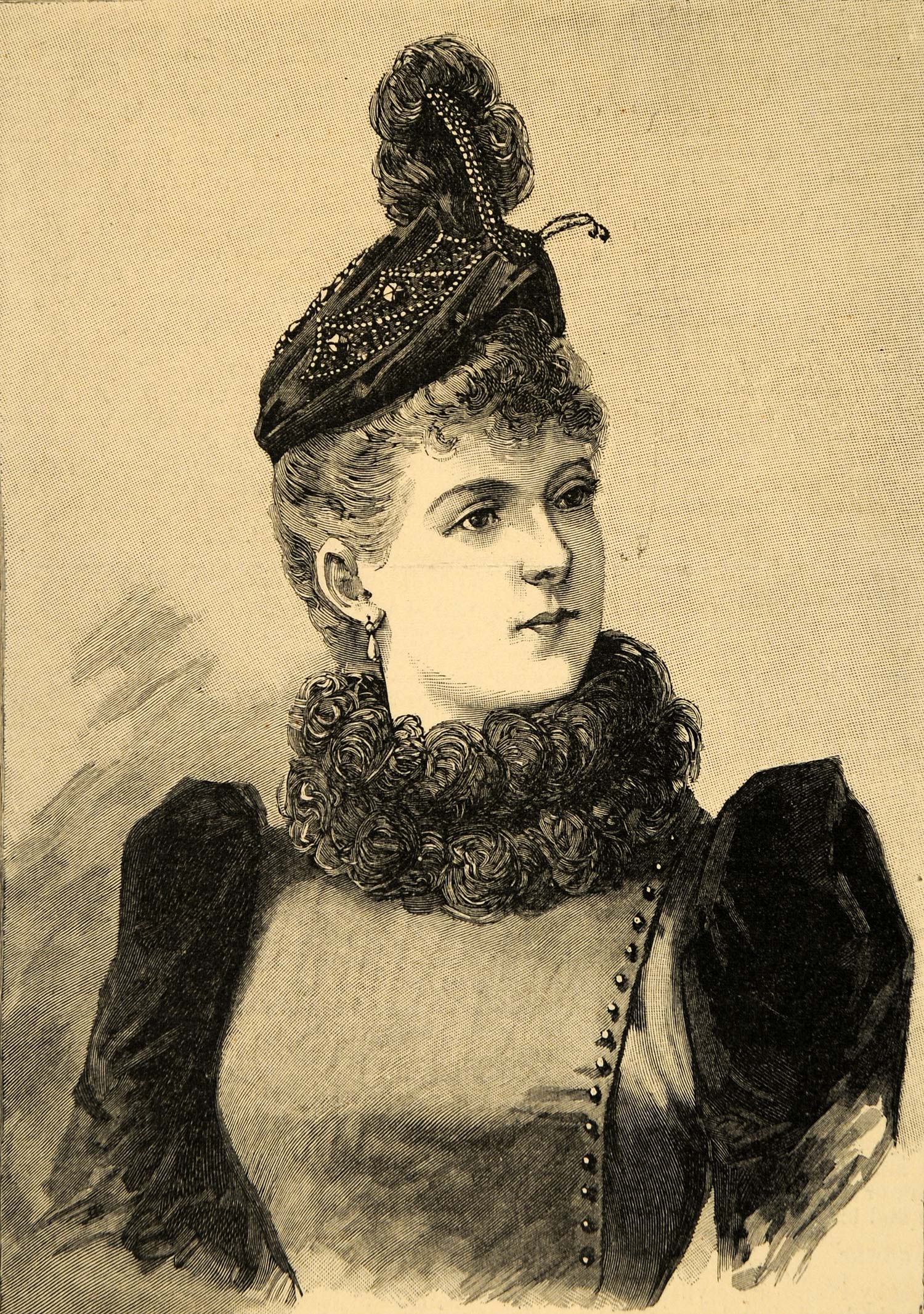1890 Print Victorian Woman Portrait Aigrette Toque Hat ORIGINAL HISTORIC HB1