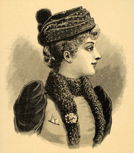 1890 Print Victorian Fashion Woman Spanish Toque Hat - ORIGINAL HISTORIC HB1