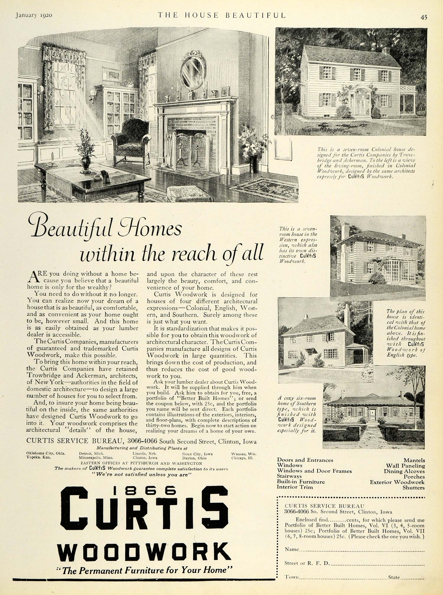 1920 Ad Curtis Woodwork Homes Colonial House Furniture Construction Clinton HB2