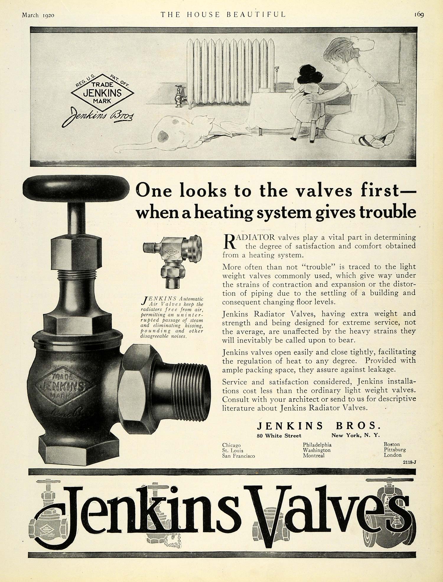 1920 Ad Heating System Radiator Air Valves Jenkins Bros. New York Child Cat HB2