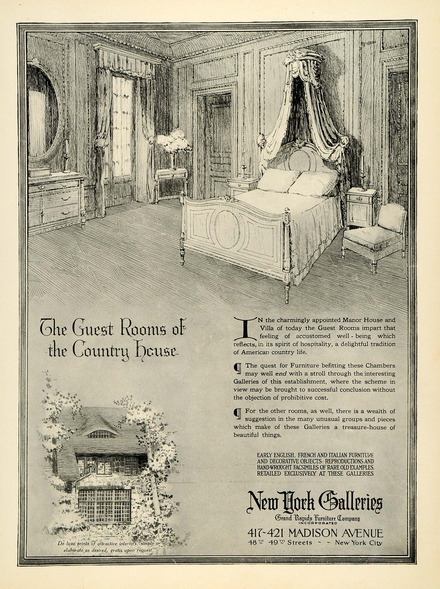 1920 Ad New York Galleries Furniture Guest Room Medieval Country Manor House HB2