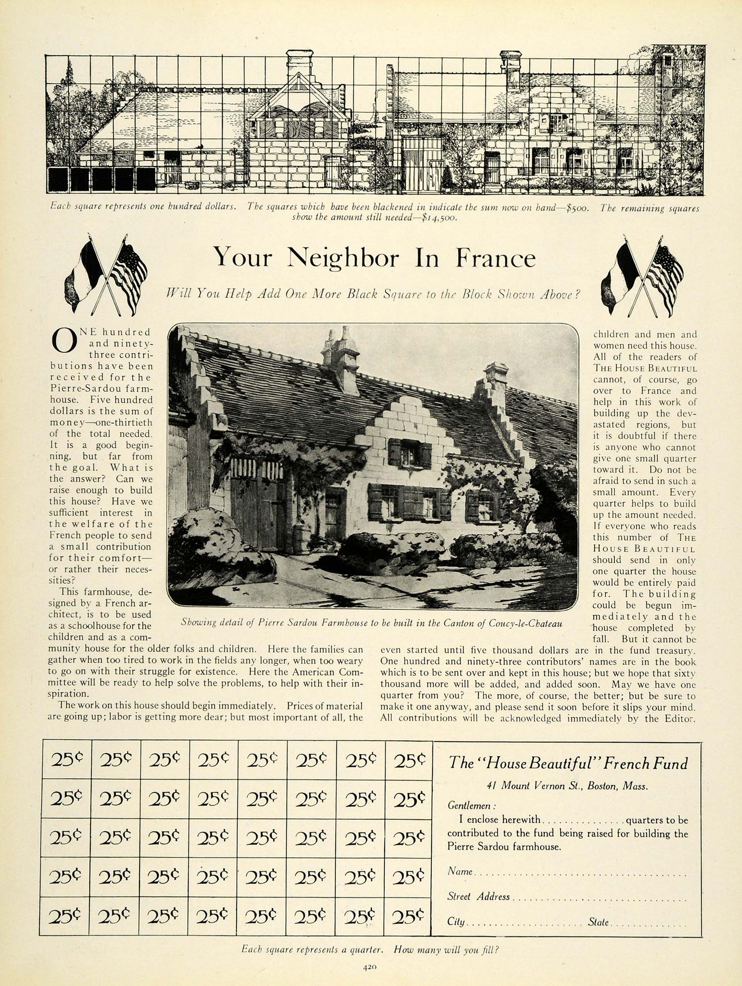 1920 Ad Pierre Sardou Farmhouse Canton Coucy-le-Chateau House Beautiful Fund HB2