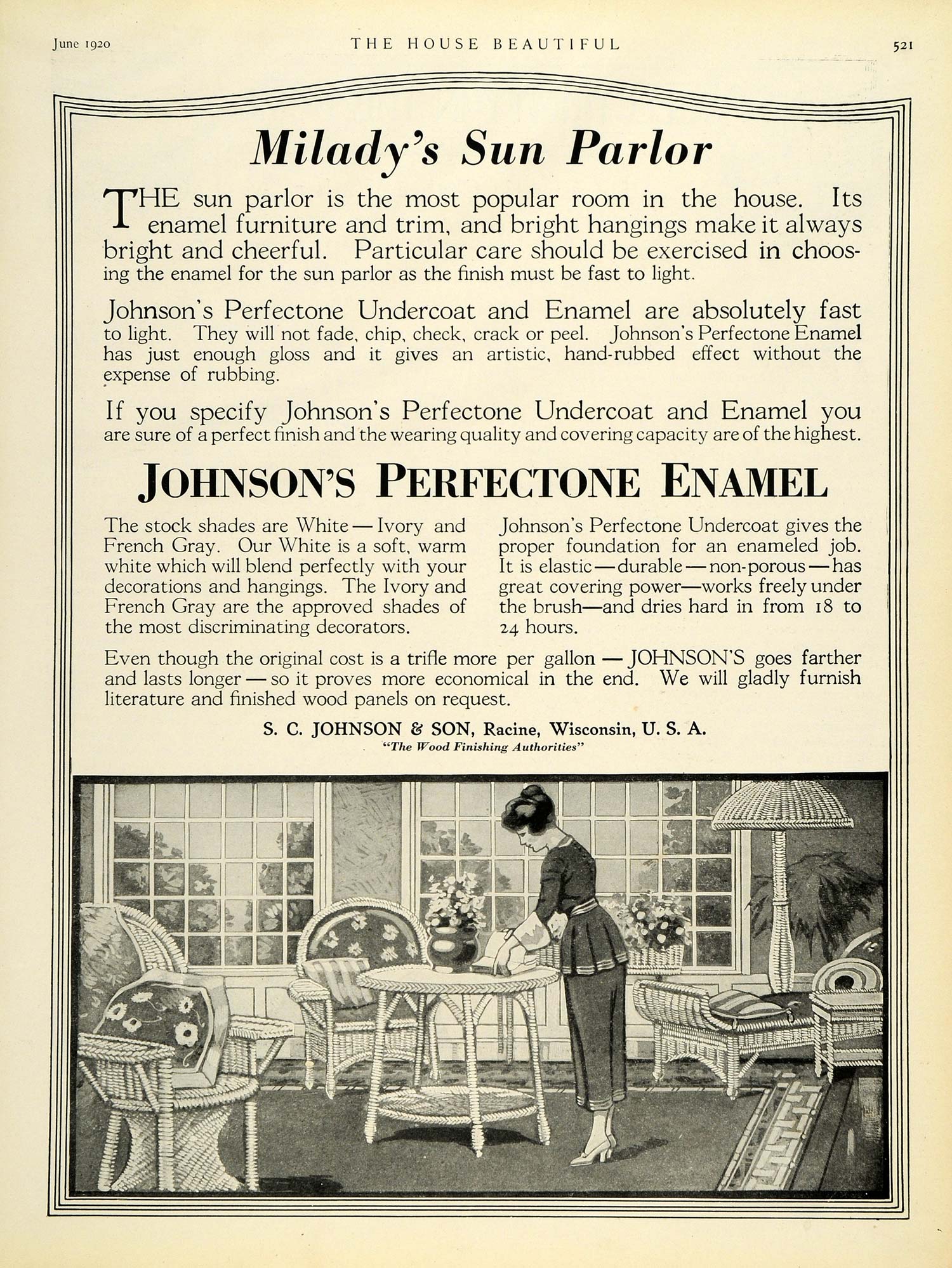 1920 Ad Milady's Sun Parlor Johnson's Perfectone Enamel Undercoat Varnish HB2