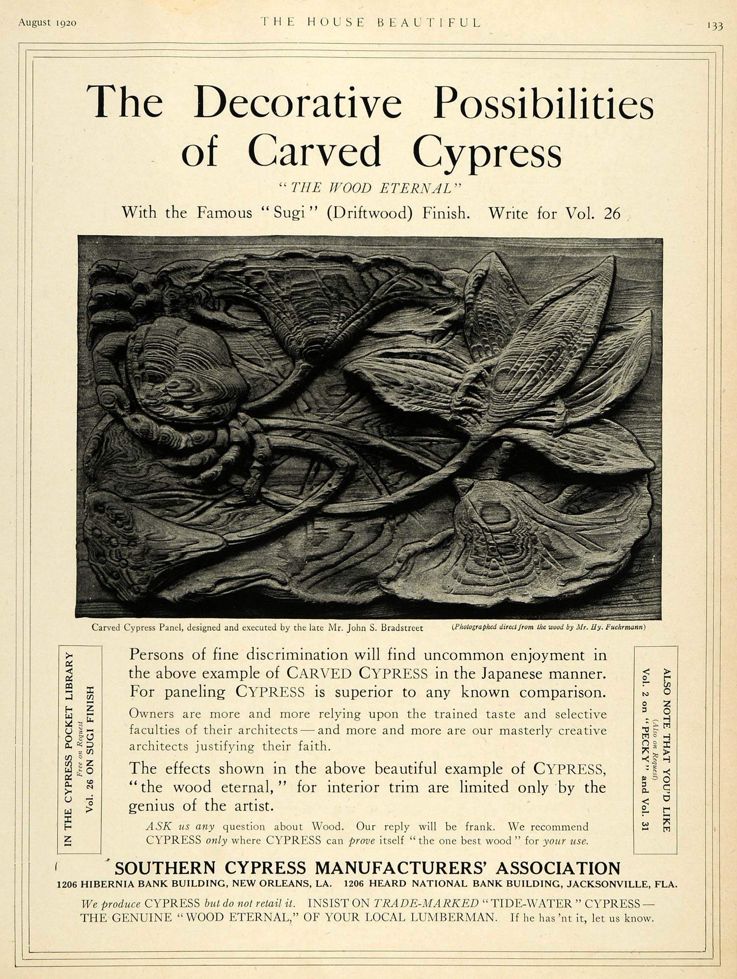 1920 Ad Carved Cypress Panel John Bradstreet Southern Cypress Manufacturer HB2