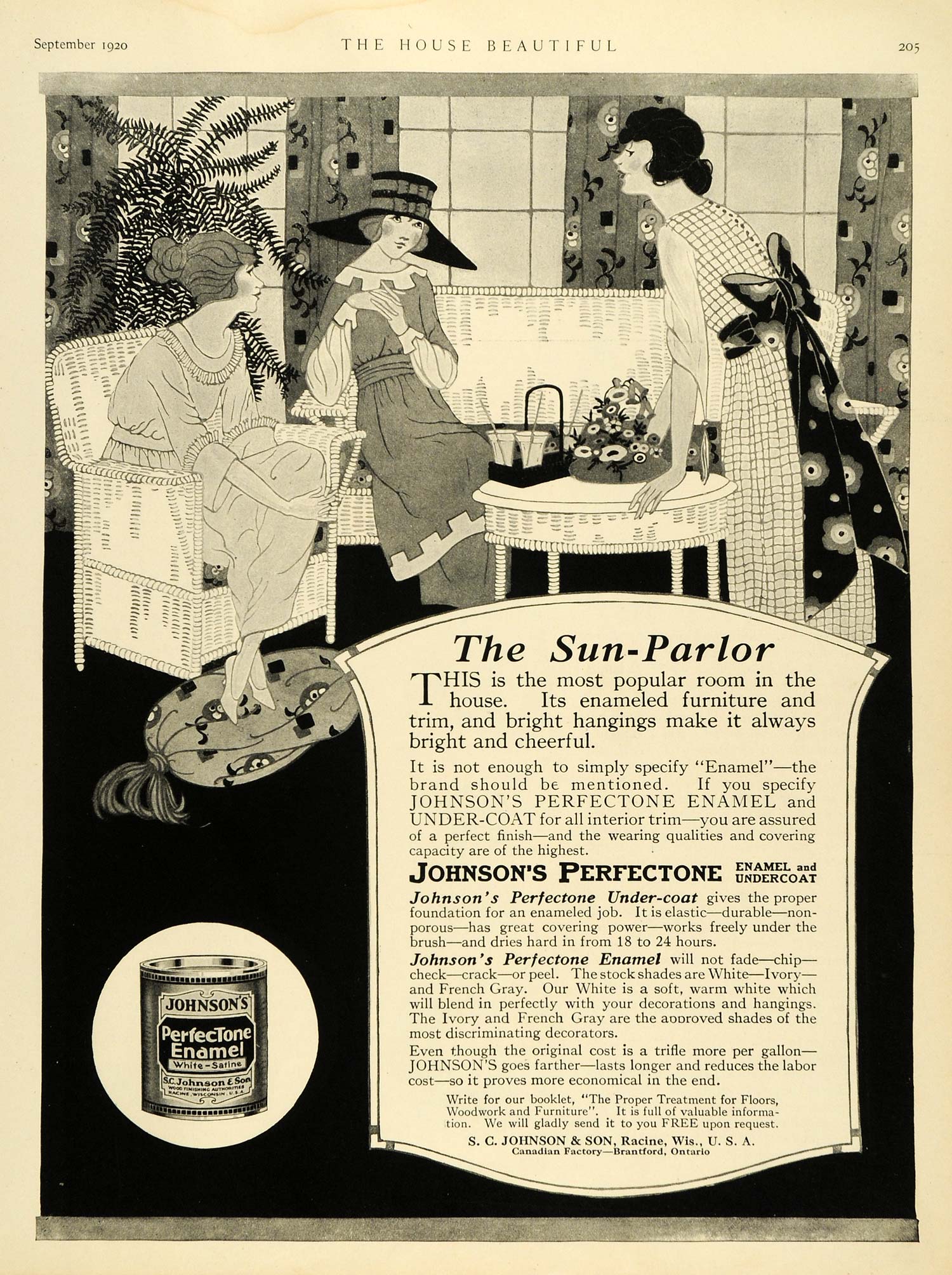 1920 Ad Sun Parlor Room Ladies Enameled Furniture Johnson's Perfectone HB2