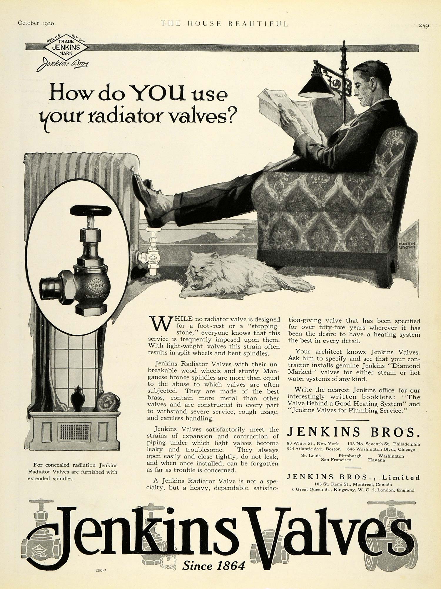 1920 Ad Radiator Jenkins Valves Heating System Pet Siberian Cat Clinton HB2
