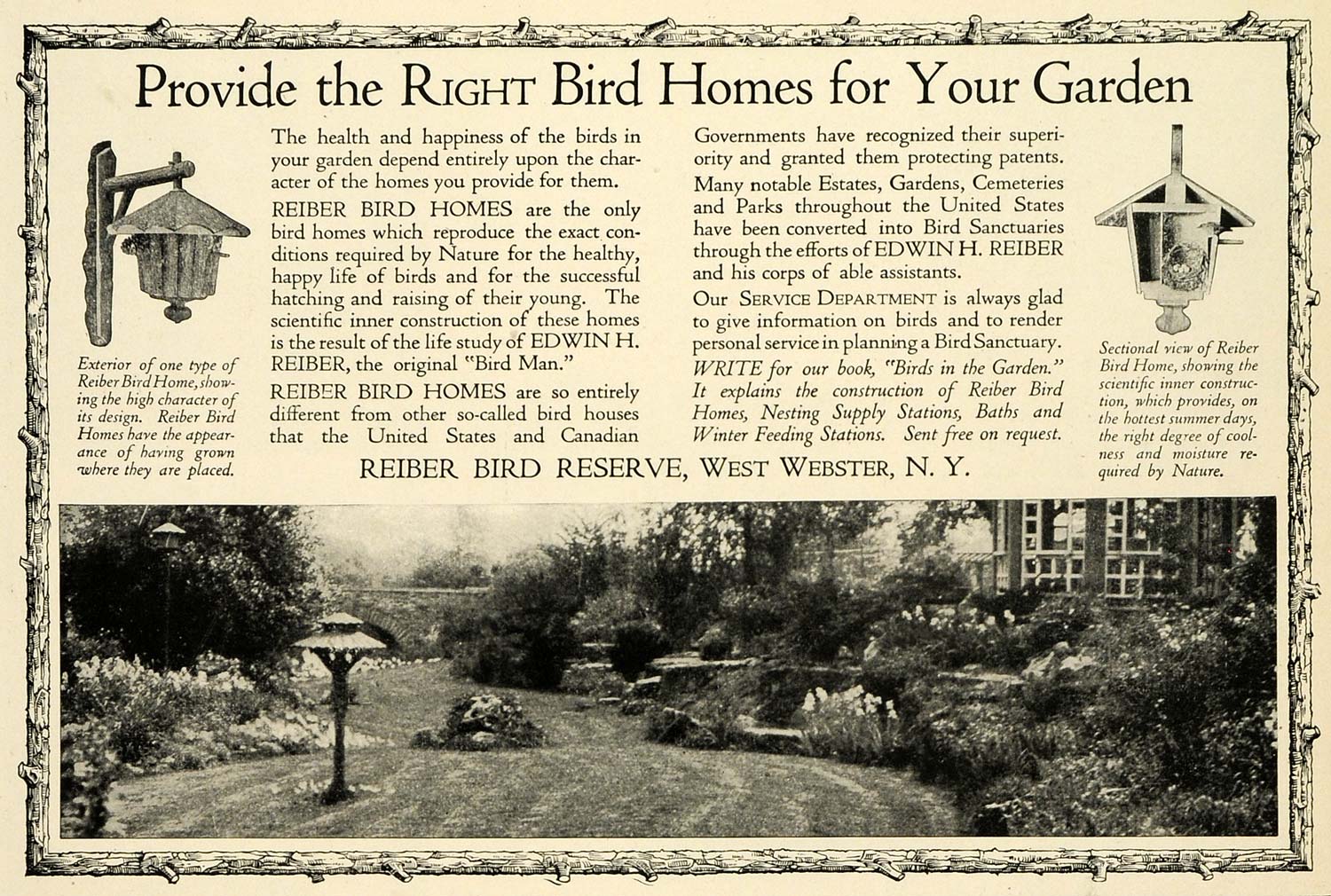 1920 Ad Reiber Bird Reserve NY Bird Homes Designs Garden Supplies Sanctuary HB2