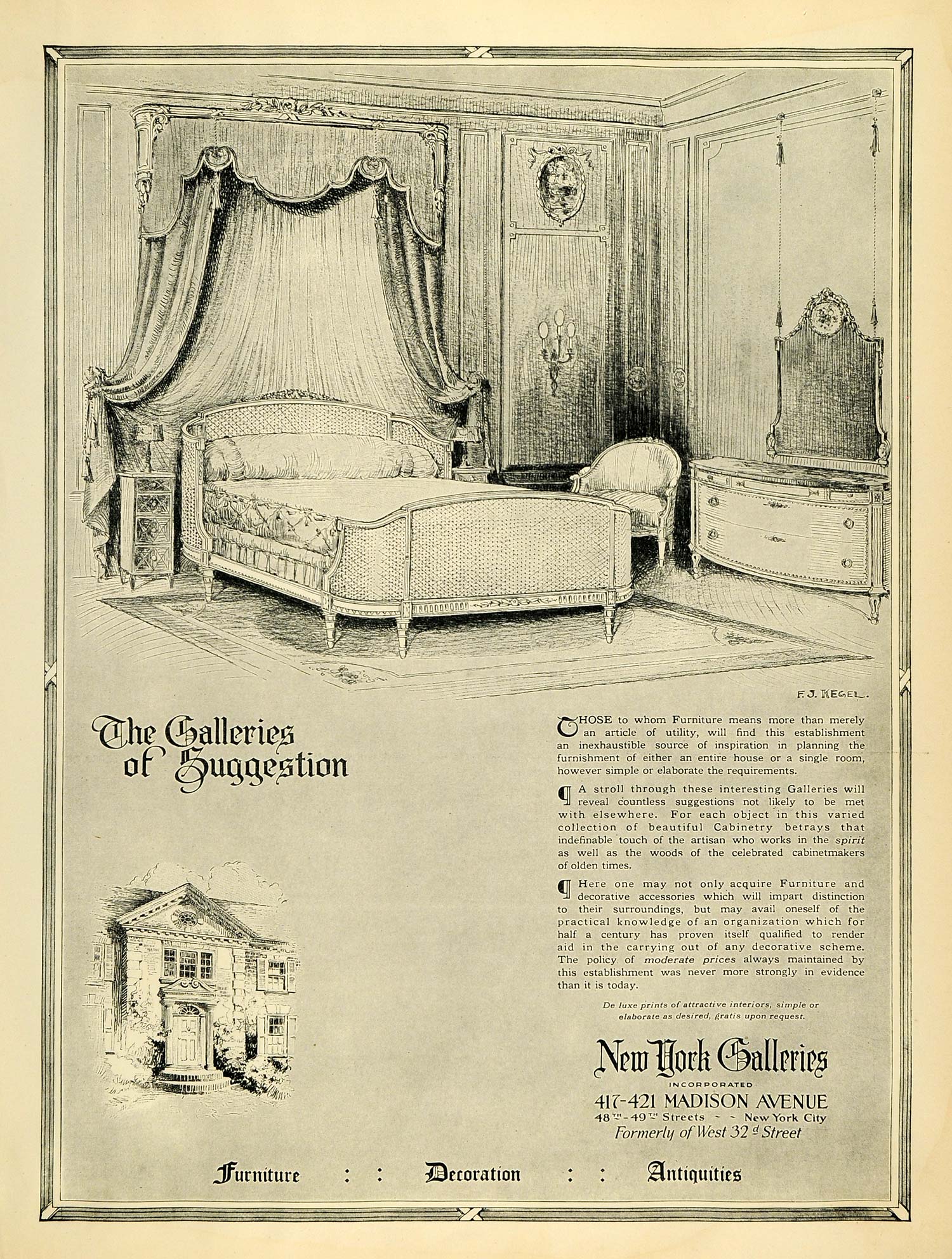1921 Ad New York Galleries Store Bedroom Bed Furniture Home Decor HB2