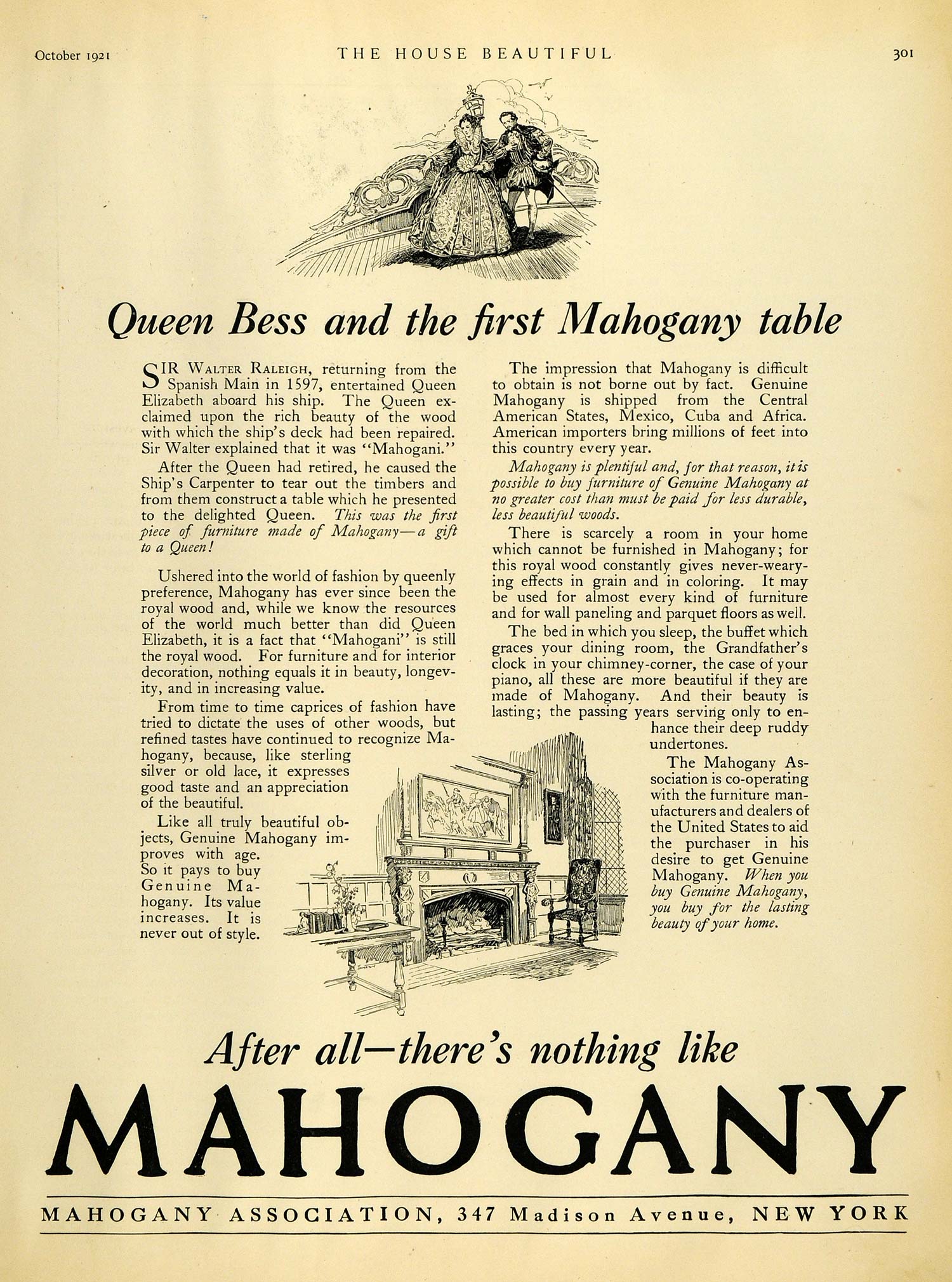 1921 Ad Mahogany Association New York Queen Elizabeth I Fireplace Furniture HB2
