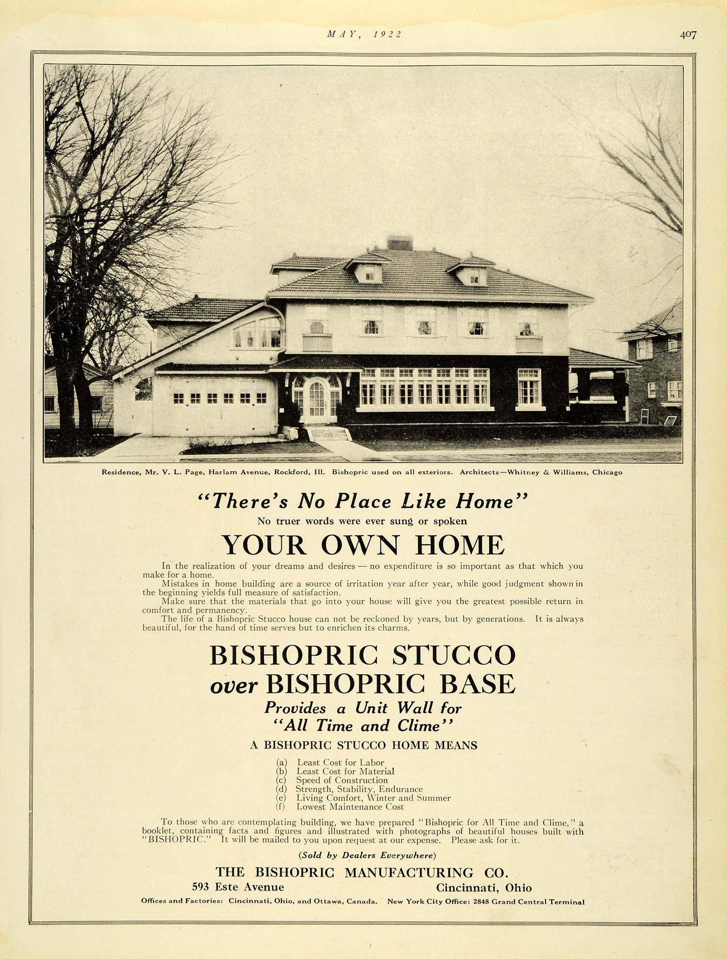 1922 Ad Bishopric Stucco Base Home V L Page Harlam Av Rockford Home HB2