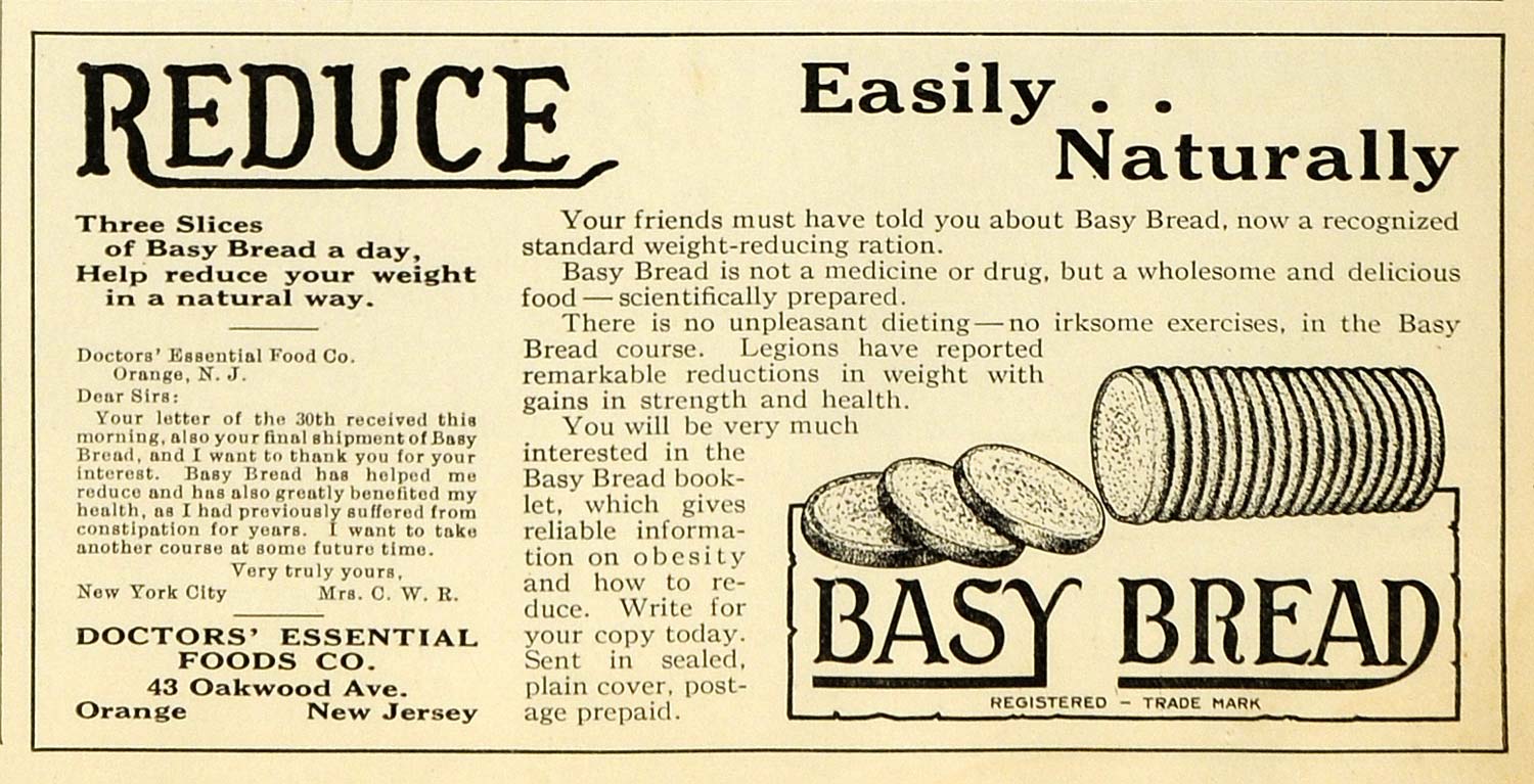 1921 Ad Doctors' Essential Foods Co Basy Bread Weight Loss Ration Baking HB2