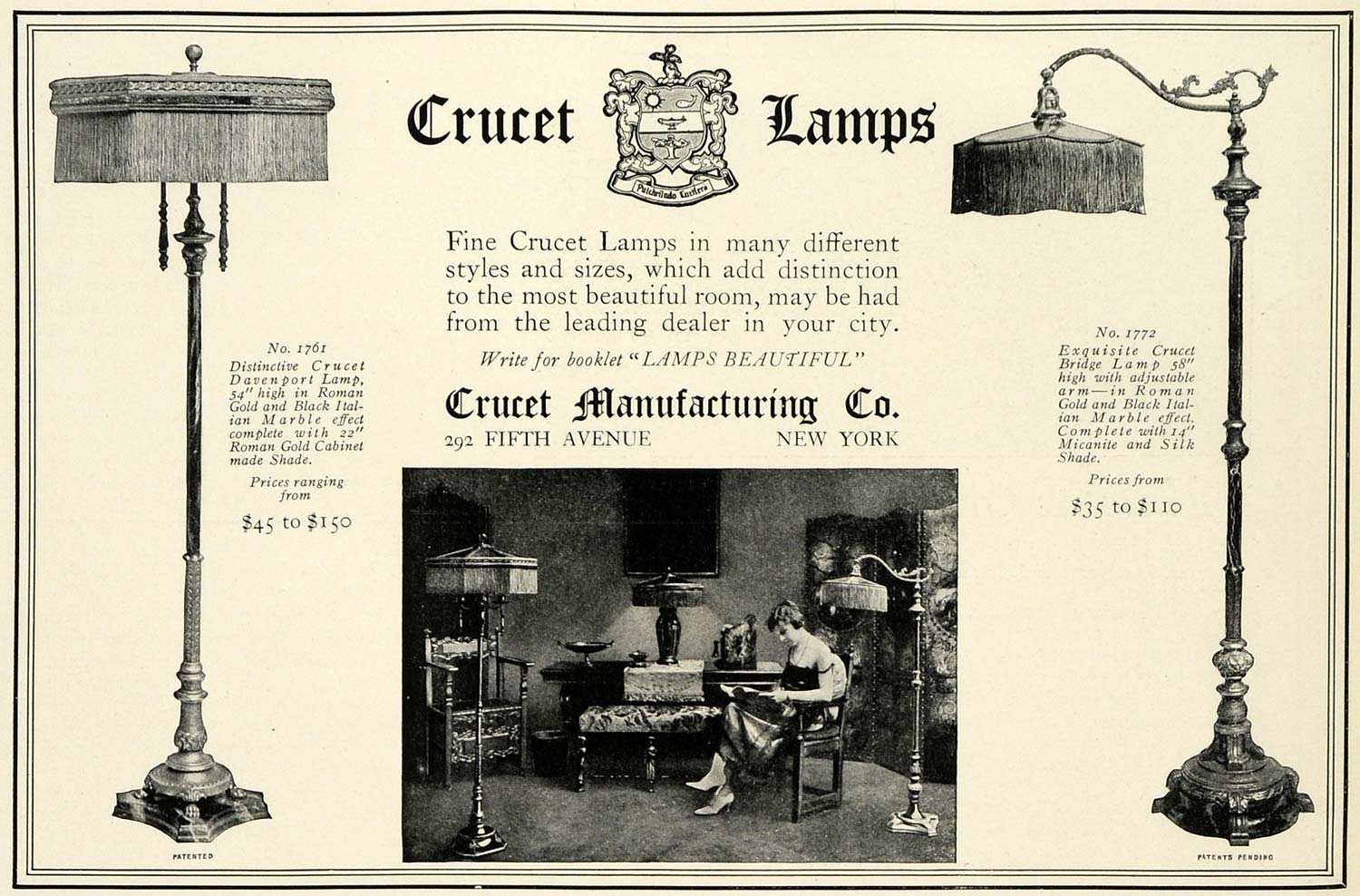 1922 Ad Crucet Lamps Mfg Co No. 1761 Davenport Lighting Roman Gold Shade No HB2