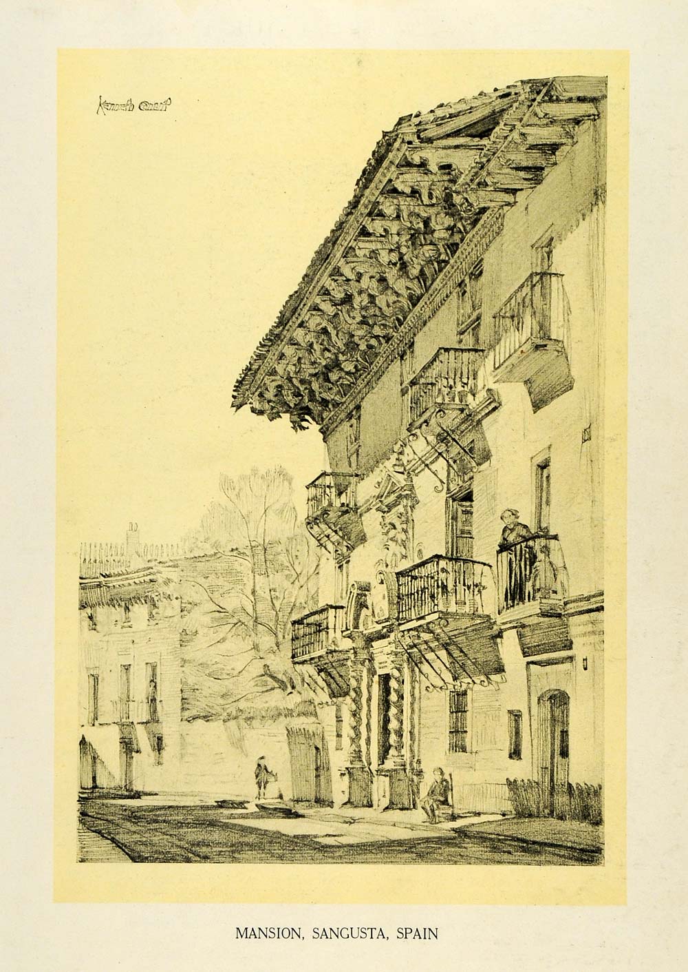1922 Print Sangusta Spain Mansion Architecture Wrought Iron Balconies Conant HB2