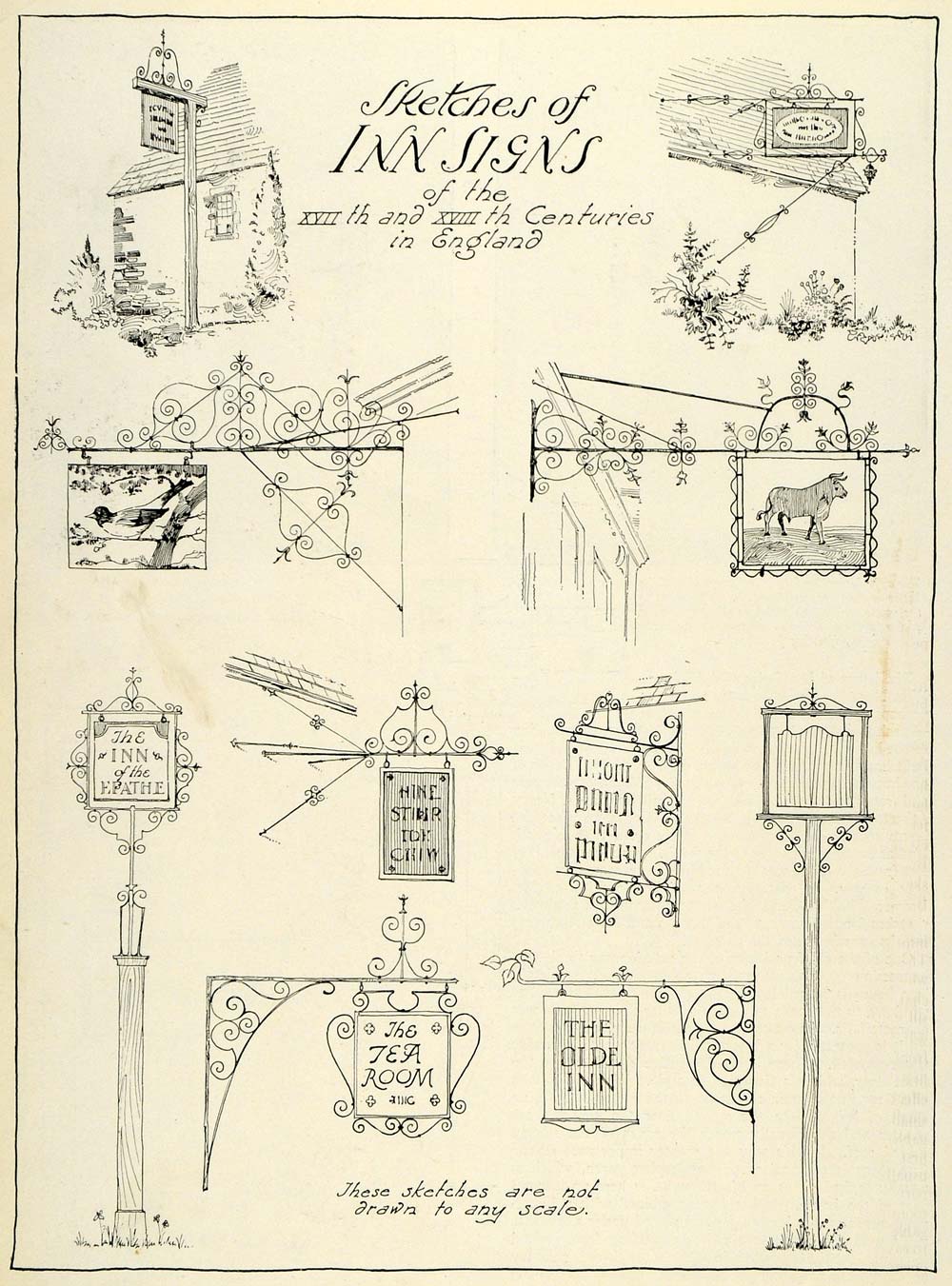 1920 Print 17th 18th Century England Inn Hotel Resort Sign Sketches HB2