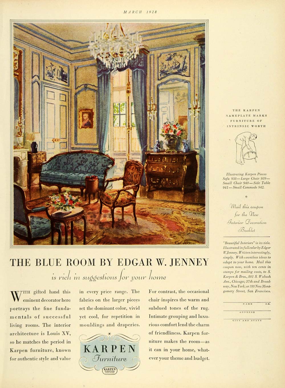1928 Ad Karpen Furniture Interior Luis XV Interior Design Blue  display picture 1