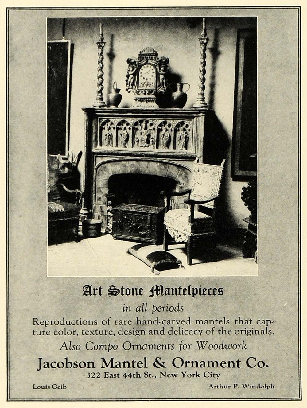 1928 Ad Jacobson Mantel Ornament Co Art Stone Mantelpieces Carved Designs HB2