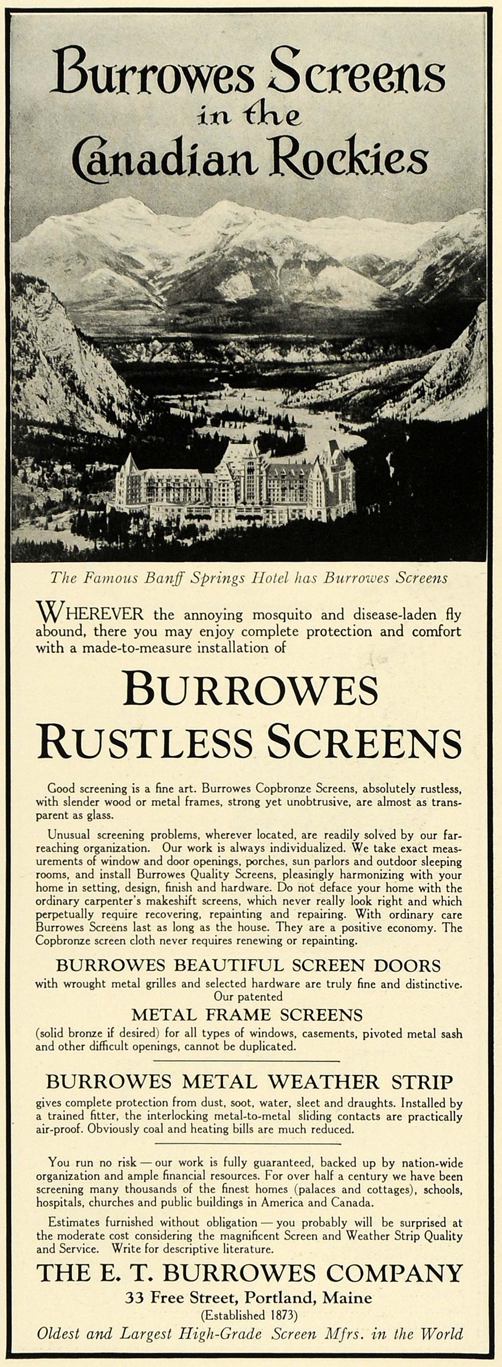 1928 Ad E T Burrowes Co Metal Screens Banff Springs Hotel Canadian Rockies HB2