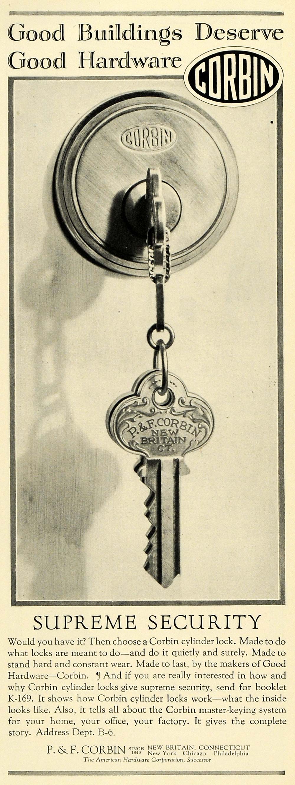 1928 Ad P & F Corbin Hardware Key Door Cylinder Lock Knob Handle