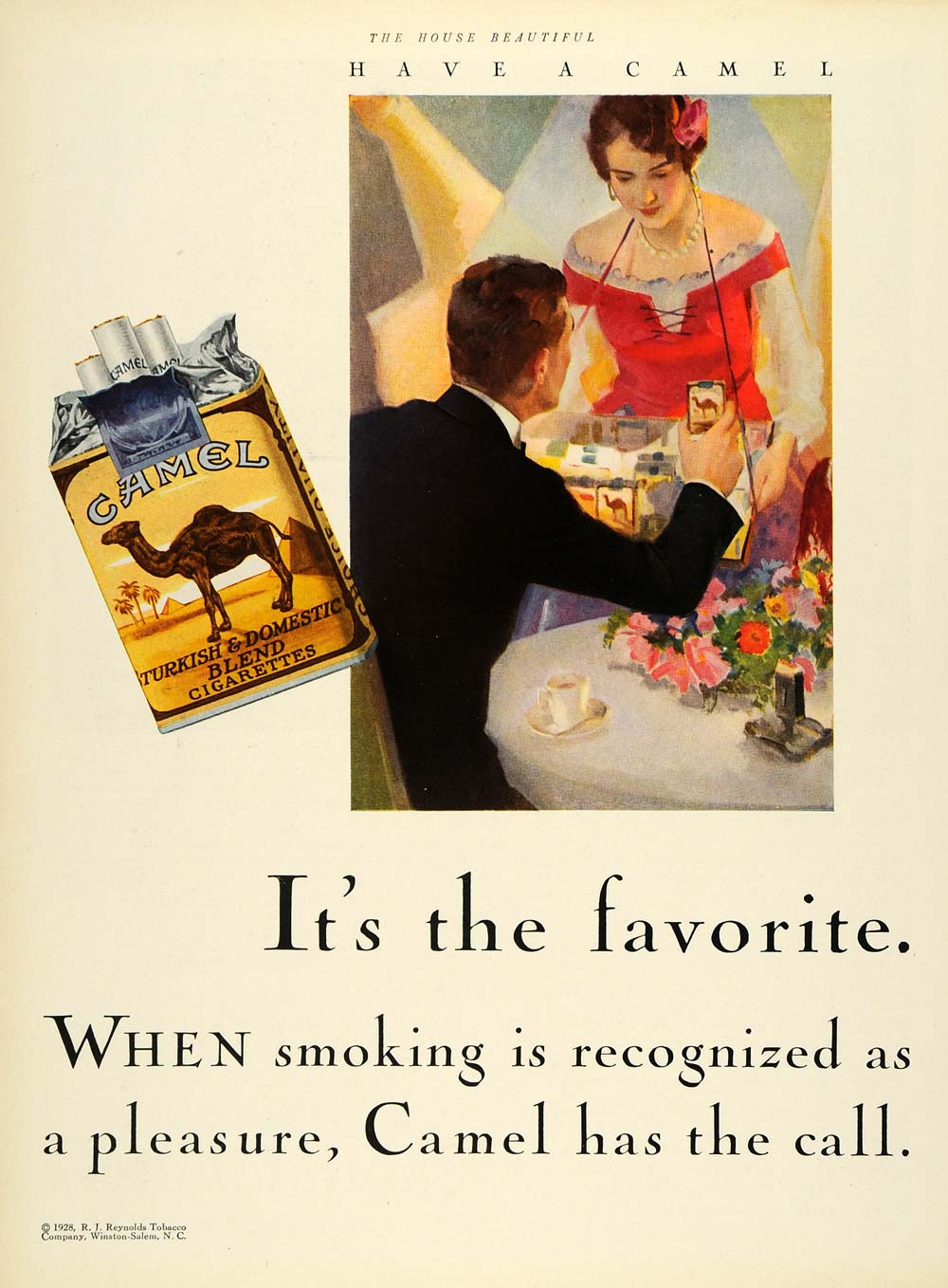 1928 Ad Reynolds Tobacco Co Camel Cigarette Girl Pack Restaurant Businessman HB2