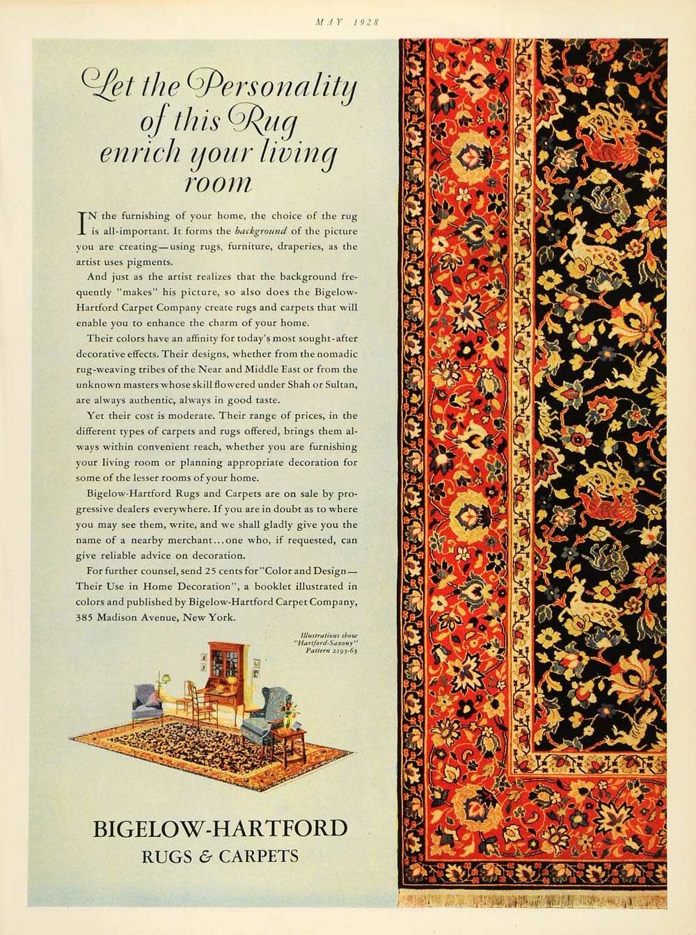 1928 Ad Bigelow-Hartford Rugs Carpets Saxony Pattern 2193-63 Draperies HB2
