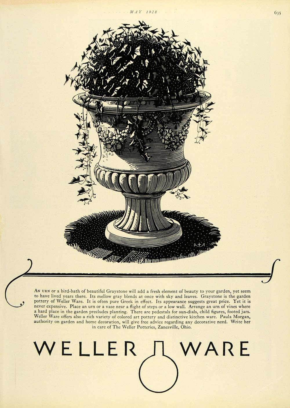 1928 Ad Garden Decoration Weller Ware Potteries Zanesville Graystone Decor HB2