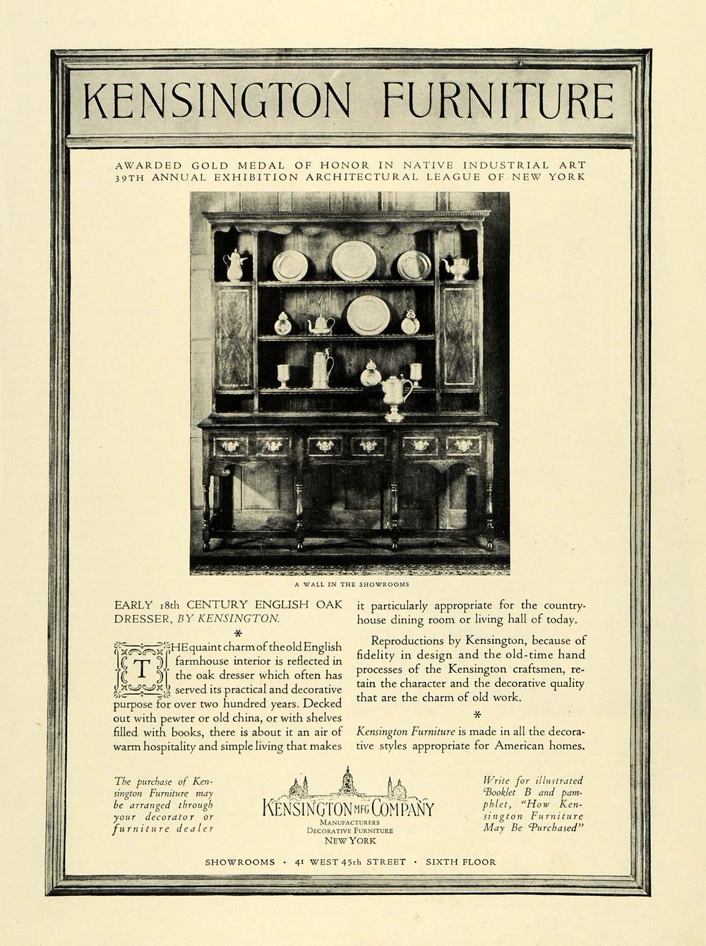 1928 Ad Early 18th Century English Oak Dresser Kesington Manufacturing HB2