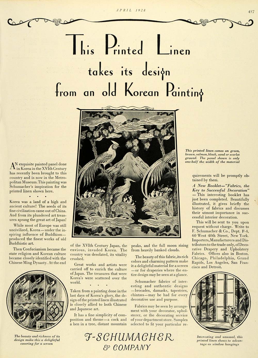1928 Ad F-Schumacher Co Korean Painting Linen XVIth Century Japan Fabrics HB2