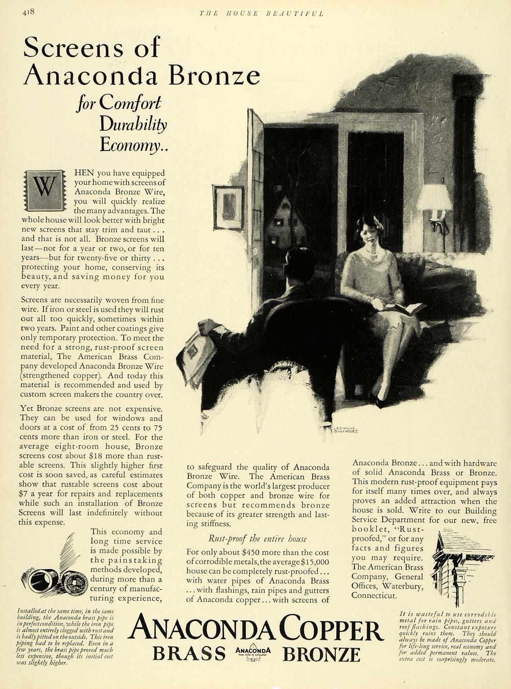 1928 Ad American Brass Co Waterbury Bronze Living Room Couple Anaconda HB2