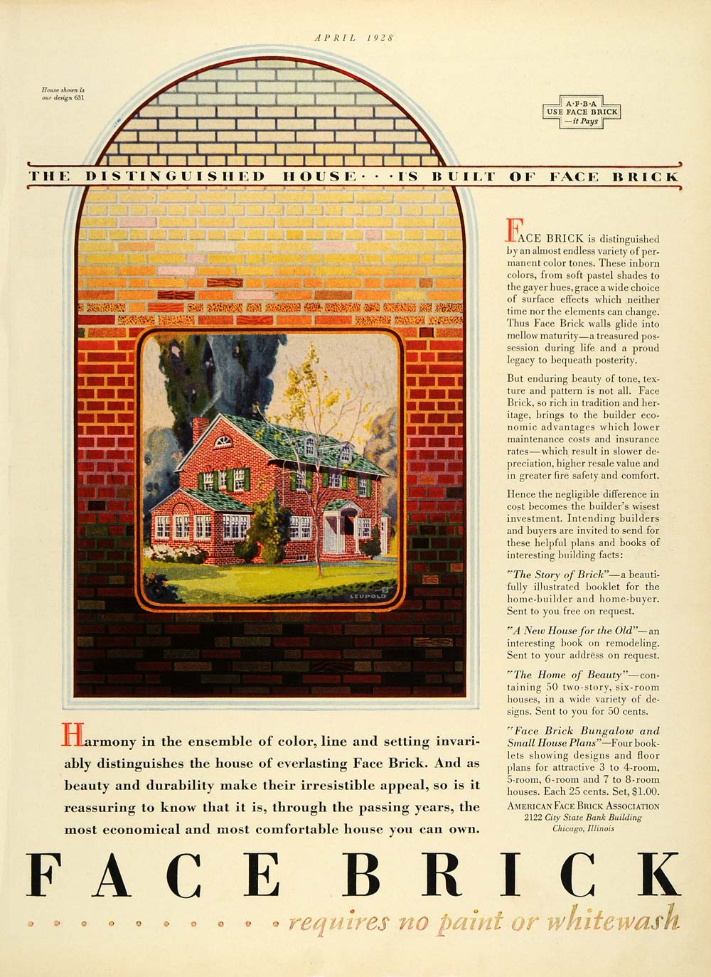 1928 Ad American Face Brick Association Home Construction Material Leupold HB2
