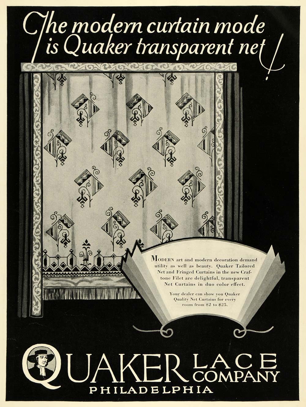 1928 Ad Quaker Lace Co Curtain Tailored Net Fringed Fabrics Home Decoration HB2