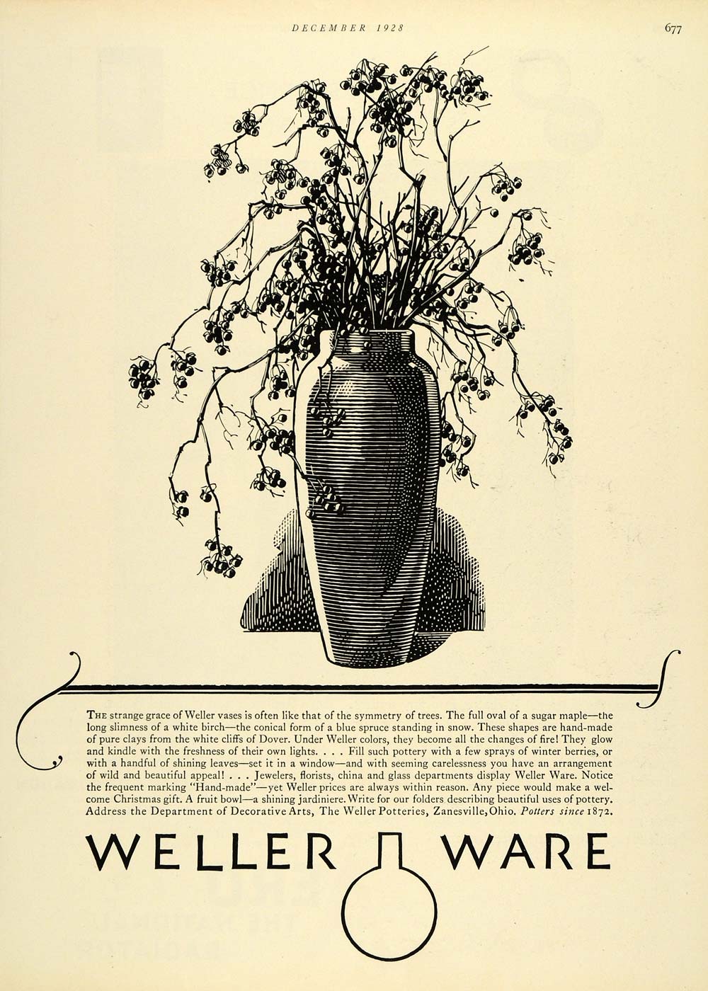1928 Ad Floral Vase Christmas Gift Pottery Vintage Clay Weller Ware HB2